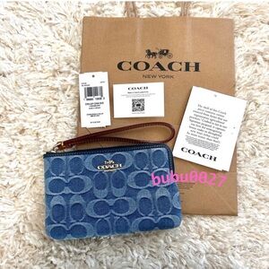 NWT❣️Coach Corner Zip Wristlet in Signature Denim Wallet Card Holder Case Blue